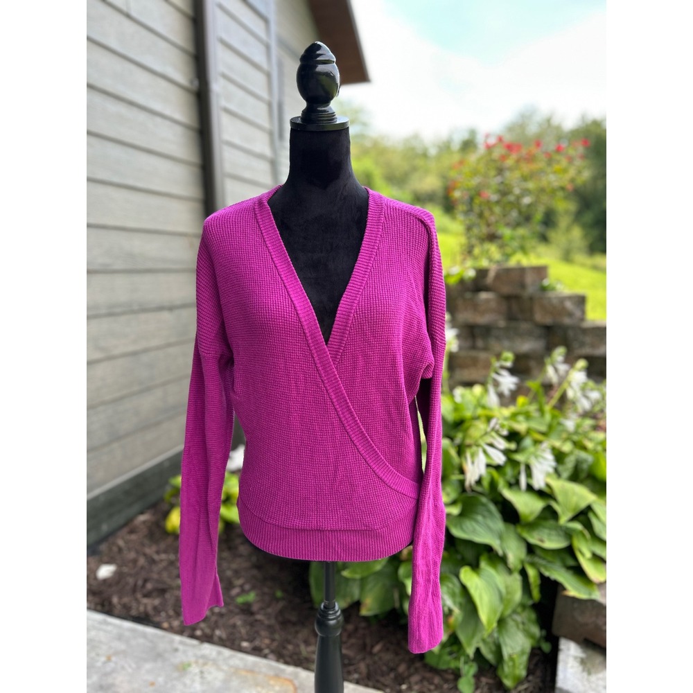 Waffle‎ Knit Lightweight Sweater Women Large Magenta Pink V-Neck Faux Wrap Layer